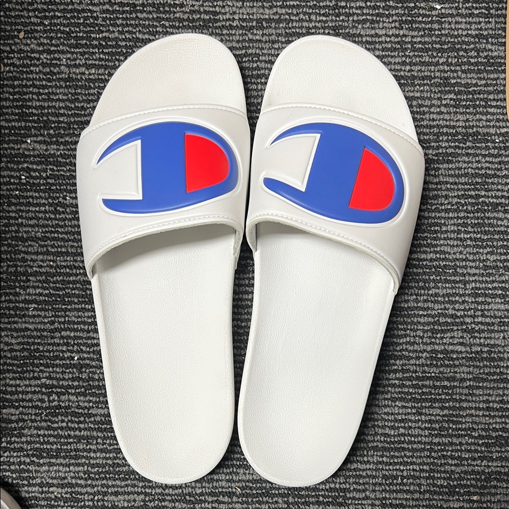 Champion White Slide Sandals with Blue and Red Logo Emblem